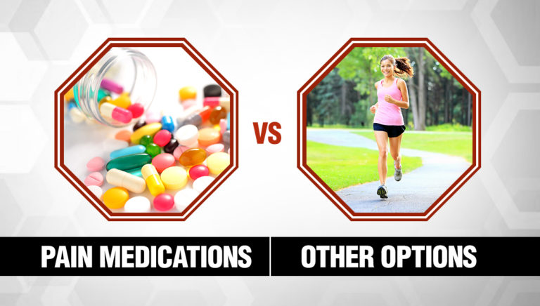 On the left, various colorful pills spill from a container, representing pain medications. On the right, a woman jogs in a park, representing other options. The text reads Pain Medications vs Other Options.