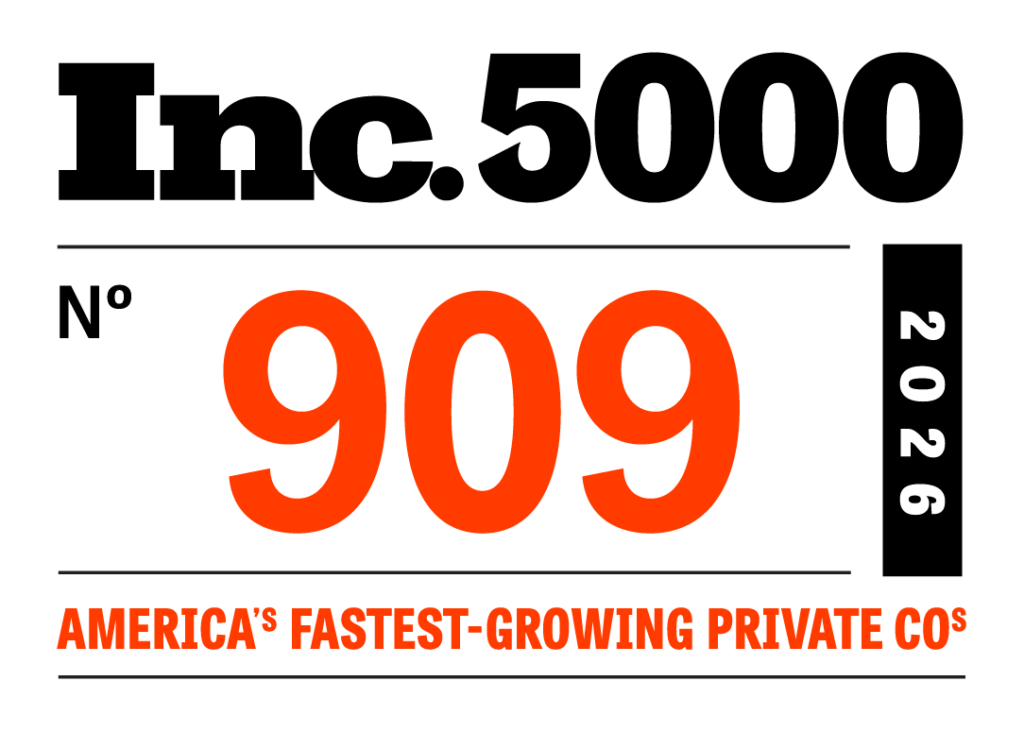 Inc. 5000 badge showing rank 909 for 2026, with text: Americas Fastest-Growing Private Cos. in bold black and orange letters.