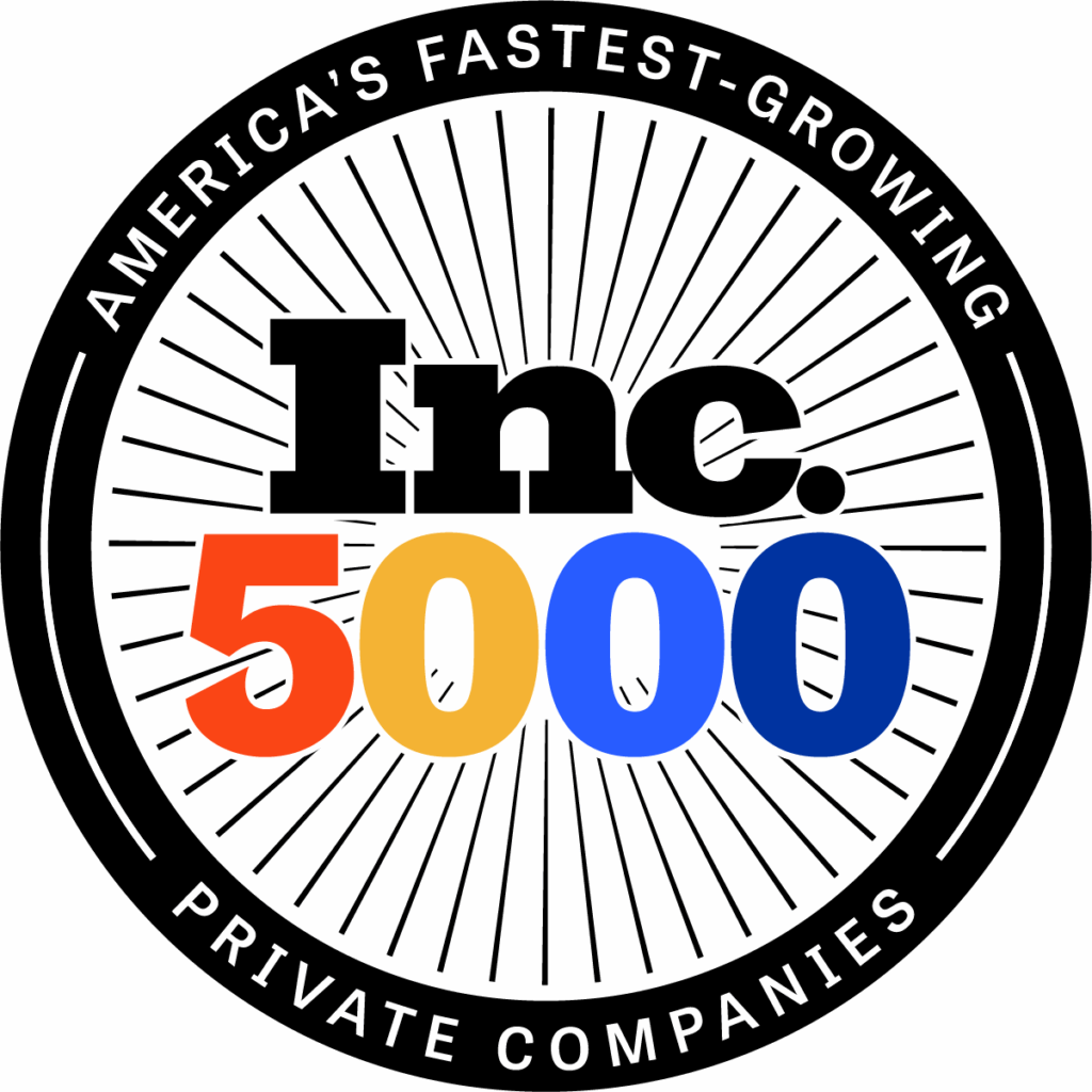 A circular badge with Inc. 5000 in bold letters, surrounded by the text “America’s Fastest-Growing Private Companies” and radiating lines in the background.