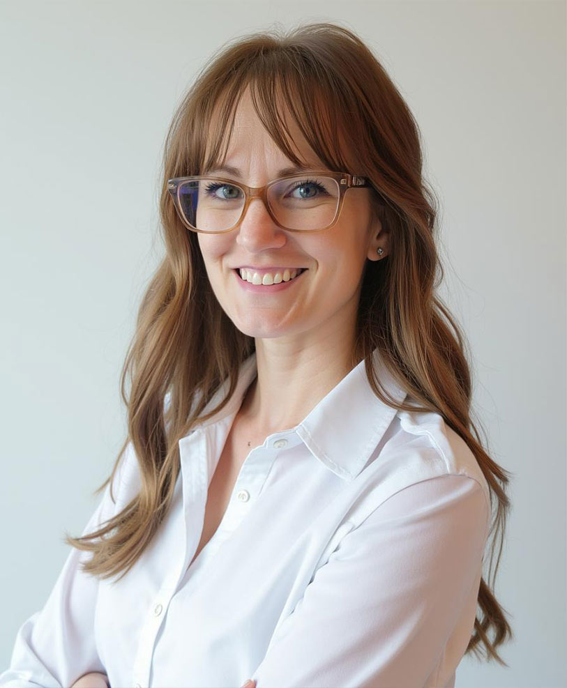 A woman with long, light brown hair and glasses smiles at the camera. She is wearing a white button-up shirt and standing in front of a plain, light-colored background.