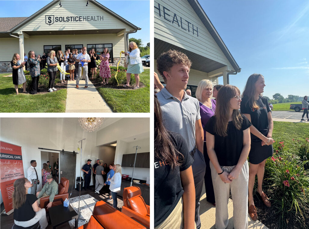A group of people stands outside Solstice Health for a ribbon-cutting event. Inside, attendees mingle in a lobby with orange chairs, while a close-up shows several people smiling outdoors.