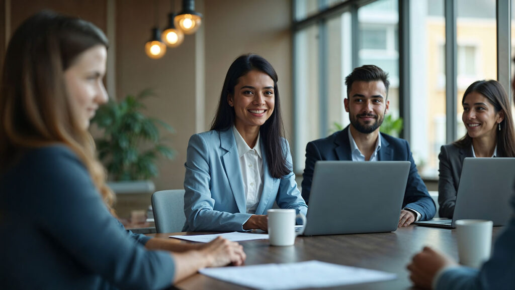 Four young professionals in business attire sit at a table with laptops and coffee cups, having a meeting in a modern office with large windows and natural light. One woman in the center is smiling at the camera.