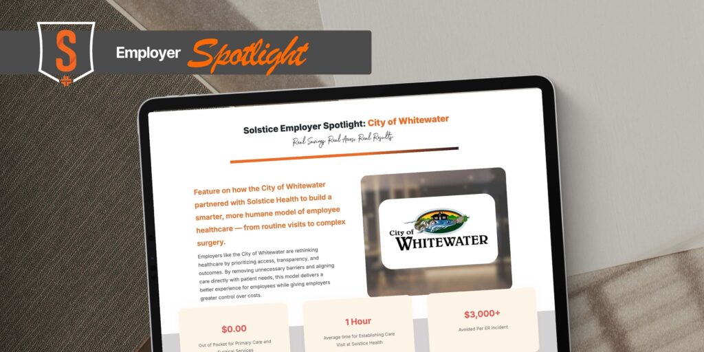 A tablet displays a webpage titled Solstice Employer Spotlight: City of Whitewater. The City of Whitewater logo is shown along with highlighted text and feature descriptions on the screen.
