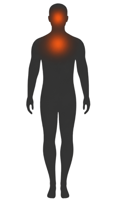 Silhouette of a human body with two orange glowing areas, one on the throat and one on the upper chest, indicating possible locations of pain or discomfort.